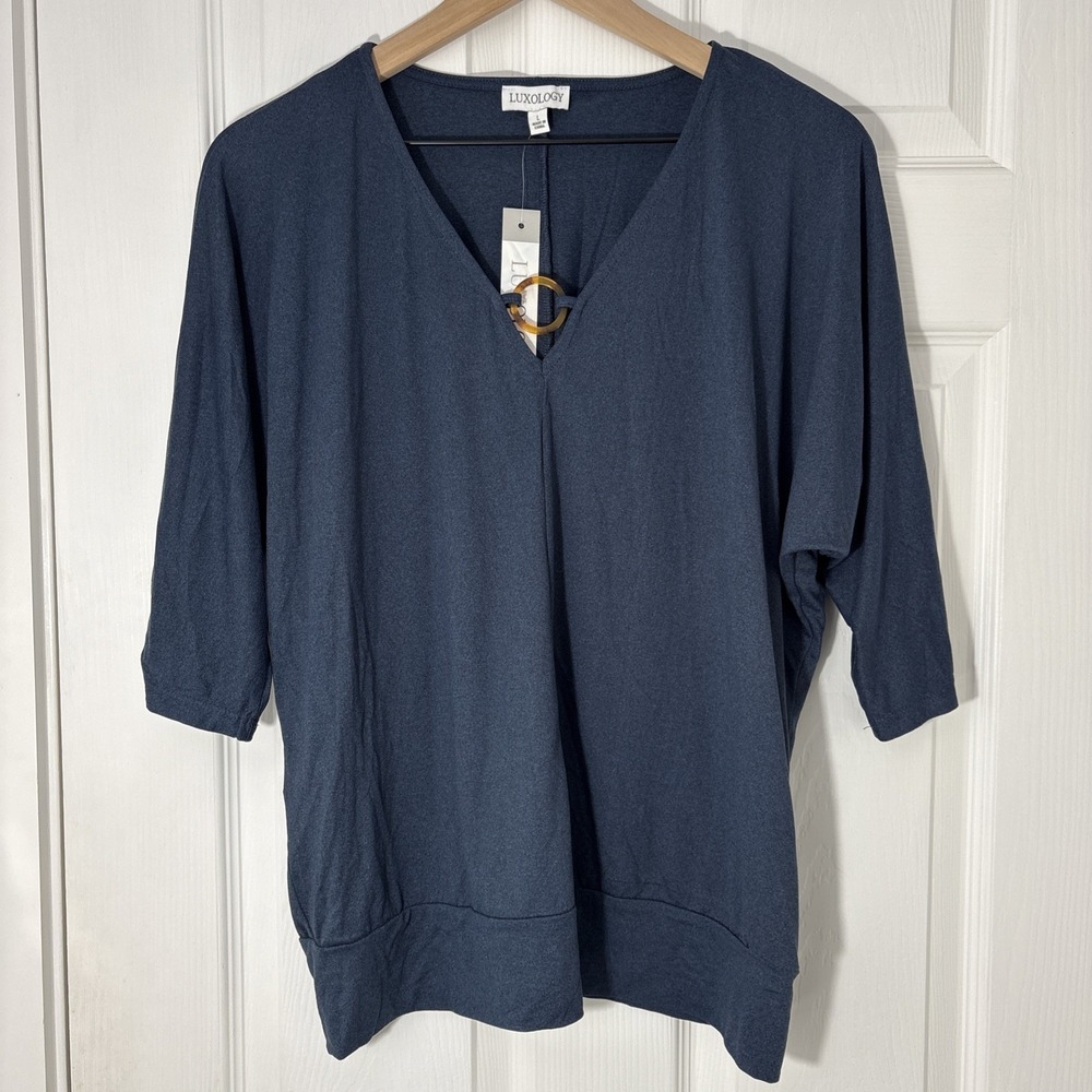 NWT Luxology Blouse L Women's Top Dark Blue V Neck 3/4 Sleeve w/Gathered Elastic